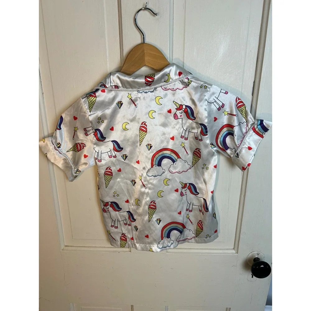 Lola + The Boys Girls Unicorn Rainbow Satin Pajama Set White Size 6 Short Sleeve